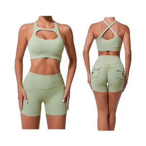 Conjunto Deportivo de Dos Piezas para Yoga, con Efecto Push-Up, Sin Costuras, Material de Poliéster/Nailon, Transpirable, para Mujer, Verano - Product Image 1