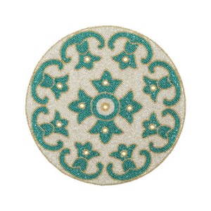 Round Textile <b>Coaster</b> with Gold Embossed Floral Design Teal Color Modern Style Promotional Use - Product Image 2