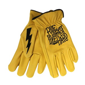Guantes de cuero amarillos personalizados al por mayor Ride East Live Hard con diseño bordado de rayo negro, ¡pide ahora! - Product Image 1