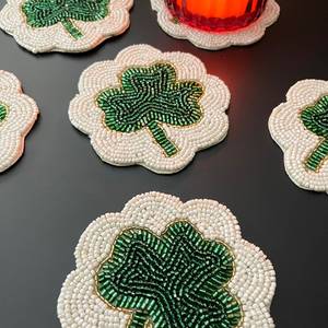 Handmade Beaded Clover Coasters White Flower Shape Green Shamrock Design <b>Table</b> <b>Mats</b> Decorative Drink Pads - Product Image 2
