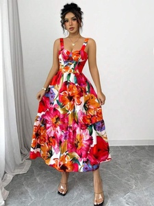 Robe midi estivale florale vibrante, col cœur, sans manches, élégante, style bohème chic, silhouette évasée, robe d'été pour femme - Product Image 2