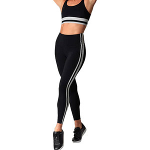 High Waist Full Length Yoga <b>Leggings</b> With <b>White</b> Side Stripe Contrast Stitch Four-Way Stretch Seamless Workout Pants - Product Image 3