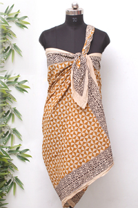 Mustard Geometric Hand Block Print <b>Sarong</b> – Wholesale Cotton Beach Pareo – Artisan Made Indian Bagru <b>Wrap</b> – Beachwear - Product Image 3