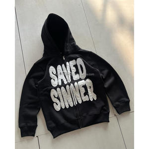 เสื้อฮู้ดดี้ผู้ชายไซส์ใหญ่ ผ้าฝ้าย 100% พิมพ์โลโก้ตามสั่ง ทรงหลวม ซิปหน้า ไหล่ตก ล้างสีแบบแอซิดวอช - Product Image 1