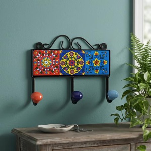 Vintage <b>Wall</b> Mounted Multifunction Hook Rack with 3 Colorful Ceramic Tile <b>Panels</b> and Floral Pattern for Home Decor - Product Image 1