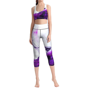 Purple Abstract Print Yoga Set Women 2 Piece High Waist <b>Crop</b> <b>Top</b> Capri Leggings Breathable Spandex Polyester Workout Wear - Product Image 1