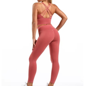 Ensemble de yoga 2 pièces rose sans couture pour femme : Legging taille haute et crop top col en V dos nageur en Spandex et Polyester, anti-transpiration, longueur intégrale - Product Image 3