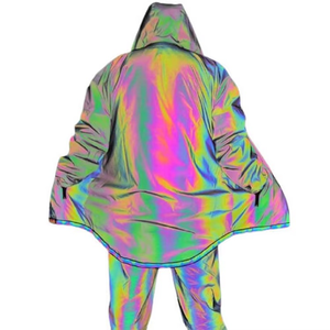 Rainbow Holographic Tracksuit Full <b>Zip</b> <b>Hooded</b> Lightweight Polyester Streetwear Summer Casual Outfit With Side Pockets - Product Image 2