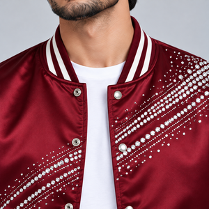 Chaqueta Varsity Casual de Satén con Pedrería, Chaqueta Bomber Brillante a la Moda con Decoraciones de Estrellas de Cristal y Puños Acanalados - Product Image 6