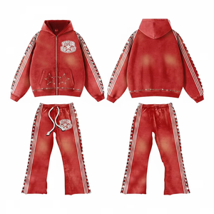 Ensemble survêtement jogging homme grande taille, coupe ample, avec strass, personnalisé, délavé à l'acide, par sublimation, comprenant sweat à capuche court et pantalon de survêtement, style streetwear, OEM ODM - Product Image 1
