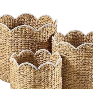 Eco Friendly Handmade Woven Water Hyacinth Basket Decorative Storage <b>Container</b> with Scalloped Top for Home Organization - Product Image 4