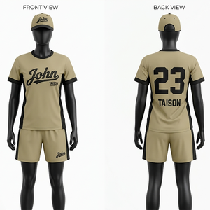 Uniforme de ballroom premium en polyester interlock 180 GSM, beige avec panneaux latéraux noirs, logo par sublimation - Product Image 1