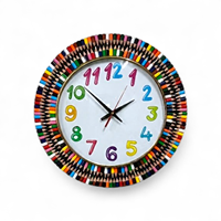 Jam Dinding Gantung Seni Pensil Warna-warni Buatan Tangan Bergaya Art Deco Bulat Analog Quartz untuk Ruang Tamu Dekorasi Rumah Pernikahan Bingkai MDF