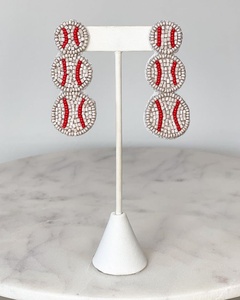 New Stylish White and <b>Red</b> Beaded Triple Baseball <b>Drop</b> <b>Earrings</b> Sports Game Day Statement Dangle <b>Earrings</b> for Women and Girls - Product Image 1