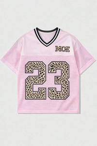 Camisetas de Verano para Mujer, Talla Grande, Personalizadas, con Estampado de Leopardo Rosa, Cuello en V, Estilo Jersey Oversize, Ropa Urbana, Camiseta de Fútbol Americano - Product Image 3