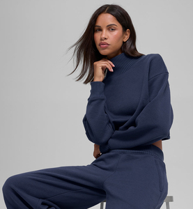 Sweat-shirt court oversize uni pour femme, 100% coton, manches longues, pull décontracté - Product Image 1