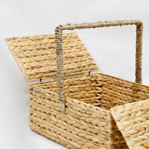 Water Hyacinth Vintage <b>Rectangle</b> Picnic <b>Basket</b> Handwoven <b>Storage</b> with Handle - Product Image 4
