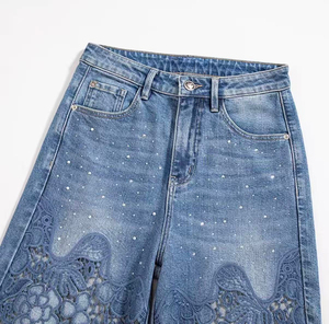 Jean large en denim patchwork à strass pour femme, effet usé, transparent, taille haute, coupe ample, délavage vintage - Product Image 5