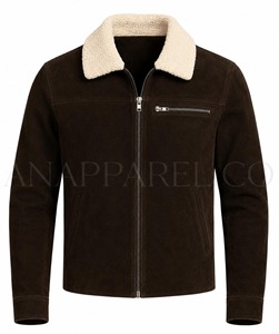 <b>Men's</b> Brown <b>Suede</b> Leather <b>Jacket</b> Stand Collar Breathable Zipper Closure Windproof Casual Winter Coat Regular Fit High Street - Product Image 6