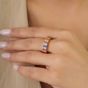 Magnifiques produits les plus vendus : Bague demi-éternité en or jaune véritable K14 avec saphirs multicolores et diamants, bijoux pierres de naissance - Product Image 2
