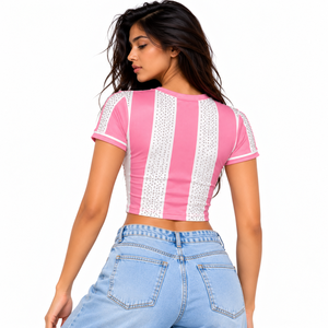 Women's Pink White Rhinestone <b>Cropped</b> T-Shirt Crew Neck Short Sleeve <b>Y2K</b> Colorblock Activewear <b>Top</b> Private Label - Product Image 2