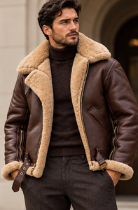 Blouson aviateur en cuir véritable pour homme avec doublure en fausse fourrure coupe-vent style moto hiver coupe classique fermeture éclair - Product Image 3
