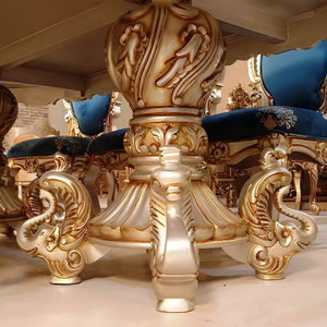 Juego de Comedor de Alta Gama en Oro Champán, Tapizado en Azul de Lujo, Madera de Teca Tallada Antigua, Muebles de Palacio Real Premium - Product Image 5