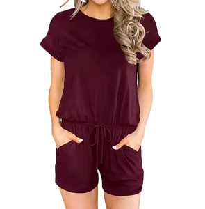 Women's Solid Color <b>Knitted</b> Short Sleeve Romper <b>Set</b> With Pockets Loose Fit O-Neck Casual Summer Wear - Product Image 2