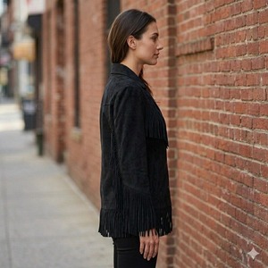 Black Suede Leather <b>Fringe</b> <b>Jacket</b> – Western Style Statement Piece - Product Image 3