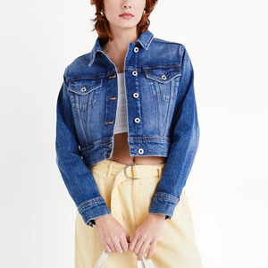 Women's Casual Cropped Denim <b>Jacket</b> 100% Cotton Solid <b>Pattern</b> Button Closure Washed Short Length Denim <b>Jacket</b> - Product Image 1