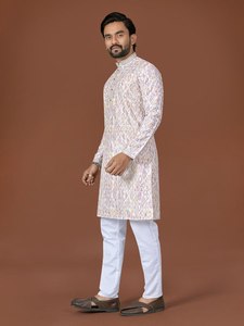 <b>Men's</b> Digital Printed Cotton <b>Kurta</b> White Chinos Regular Fit Traditional Ethnic Wear for Casual/Party Occasions India Quick Dry - Product Image 3