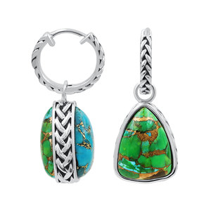 Vintage Wedding 925 <b>Sterling</b> <b>Silver</b> Green Copper Turquoise <b>Hoop</b> Drop Earrings Charm Interlocking Multi Stone Huggie Wholesale - Product Image 1