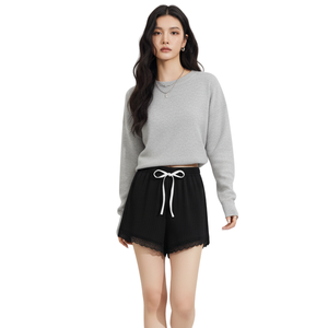 Wholesale Women High Ribbed Knit <b>Lace</b> Trim Breathable Drawstring Shorts Comfortable <b>Elastic</b> Casual Home Wear Summer Factory - Product Image 1