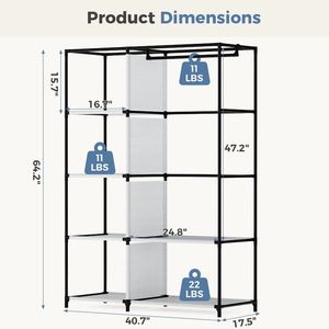 Armoire portable de 40 pouces avec porte-vêtements suspendus et housse en tissu, rangement multifonctionnel autoportant, noir - Product Image 2