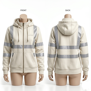 Sweat à capuche de travail pour femme en molleton de coton et polyester 320 GSM, marron, avec panneaux réfléchissants sur la poitrine et les manches, broderie personnalisée et logo imprimé - Product Image 2