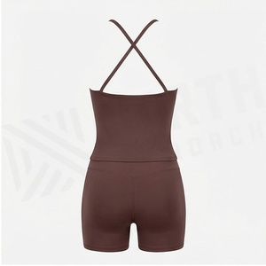 Ensemble de yoga 2 pièces North Approach, col en V, bretelles spaghetti, marron uni, taille haute, sans couture, respirant, vêtements de sport - Product Image 2