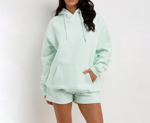Ensemble de shorts de sport à capuche longs en tissu éponge uni pour femmes, manches longues, antibactérien, polyester/coton, coupe ample décontractée, printemps été - Product Image 6