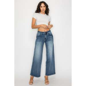 Jean en denim bleu foncé respirant, décontracté, taille haute, coupe évasée, grande taille, pour silhouettes généreuses - Product Image 3