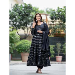 Vestido Anarkali Negro con Bordado de Lentejuelas, Traje de Fiesta Talla L para Eventos Festivos - Product Image 1