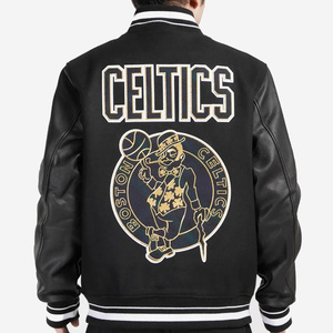 Blouson universitaire personnalisé en laine noire pour homme, avec manches en cuir noir et patch de basketball, style bomber, vente en gros, blouson de baseball Letterman - Product Image 4