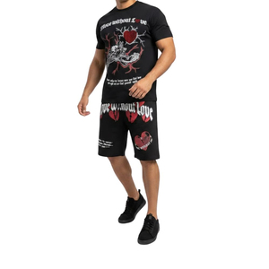Ensemble T-shirt et short pour homme, noir, coton, ourlet brut, style streetwear, imprimé, tenue d'été, col rond, respirant - Product Image 5