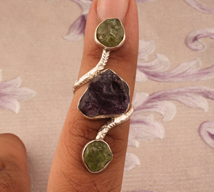Luxury Natural Amethyst and <b>Peridot</b> Row <b>Ring</b> Elegant 925 Sterling Silver Gold Plated Statement Band High-Quality - Product Image 5