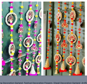 Décoration murale bohème en fibres végétales avec pompons et motif lotus pour la décoration intérieure d'entrée pour Diwali, forme de fleur multicolore - Product Image 6