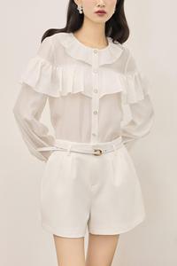 Blusa de mujer holgada, elegante, femenina y suave LACELIA - Blusa de organza con detalle de volantes en capas y cuello redondo KA65 - Product Image 5