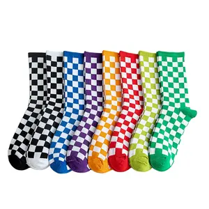 Chaussettes à carreaux multicolores en coton moyen, printemps et automne