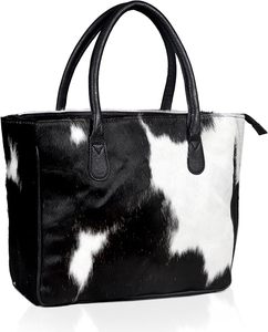 Sac fourre-tout en cuir de vache véritable pour femme, motif noir et blanc, fermeture éclair, sac à main tendance - Product Image 1