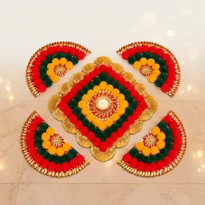 Décoration de sol traditionnelle faite à la main en forme de fleur pour Diwali et baptême, avec bougies, en métal et tissu, pour entrée et décoration intérieure - Product Image 3