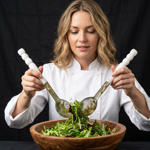 Ensemble de serveurs à salade avec poignées en résine, style marbre blanc, outils manuels pour servir des légumes frais - Product Image 1