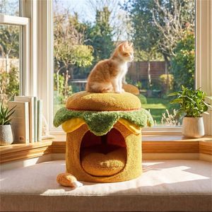 Cuccia per Gatti a Tema Cheeseburger, Simpatico Giocattolo di Peluche a Forma di Hamburger e Pollo Fritto, Giallo, Giocattolo Interattivo per Animali Domestici con Movimento, Nessun Assemblaggio Necessario - Product Image 3