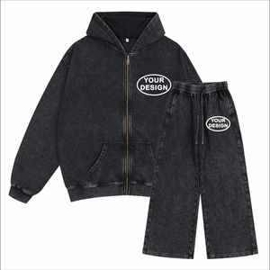 Ensemble sweat à capuche zippé et pantalon en laine teinte à la cire avec impression de logo personnalisé, en coton éponge délavé style rétro vintage, ODM, coupe oversize pour homme - Product Image 1
